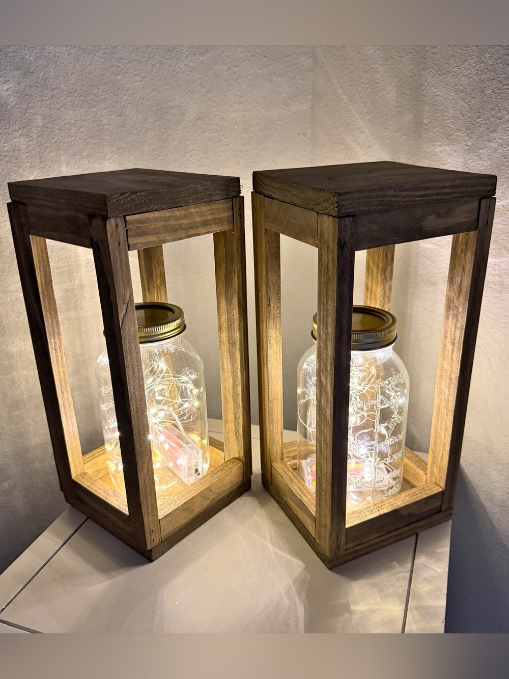 Solid Wood Fairy Lights Lanterns Handmade Set of 2 Rustic Brown